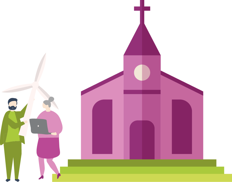 Illustration einer Kirche davor zwei Charaktere. Einer hält ein großes Windrad in der Hand, die andere Person einen Laptop.