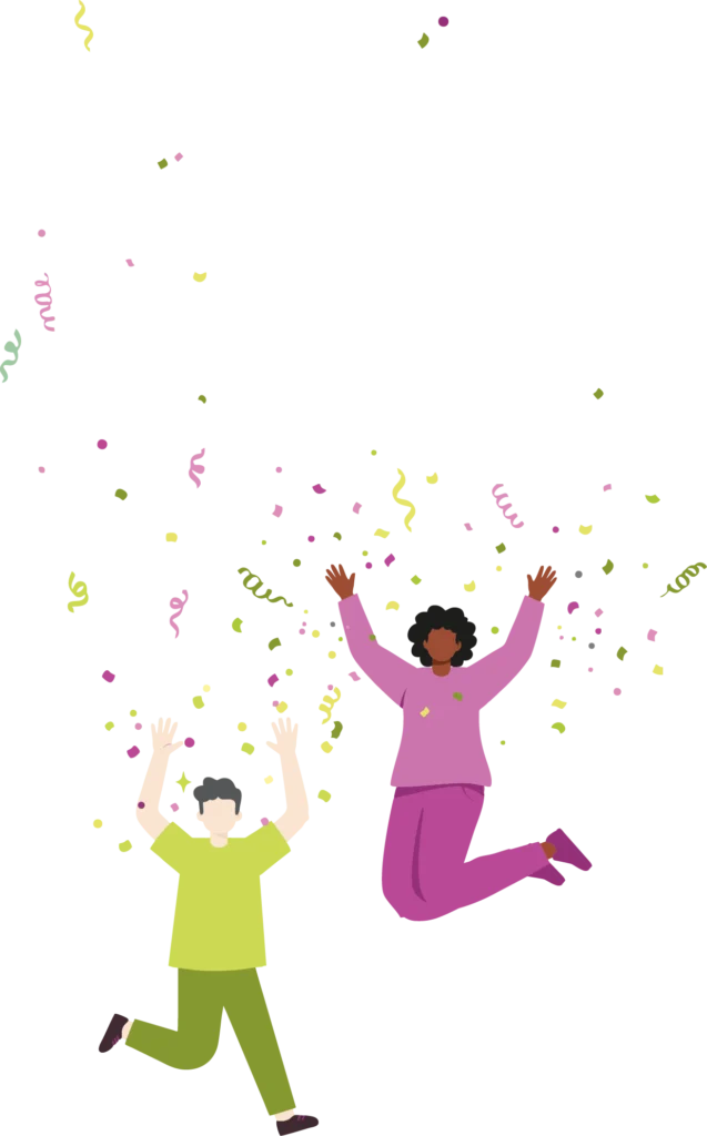 Illustration von zwei Menschen, die springen und Konfetti werfen