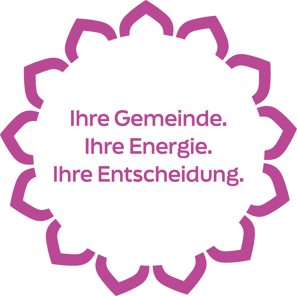 Kreis der Möglichkeiten, das CI-Element von GEMEINDEKRAFT mit dem Text "Ihre Gemeinde. Ihre Energie. Ihre Entscheidung.