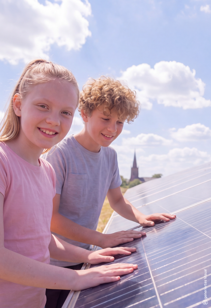 Zwei Kinder stehen vor einem großen Solarpanel / PV Anlage und berühren diese. Das Mädchen im Vordergrund lächelt in die Kamera