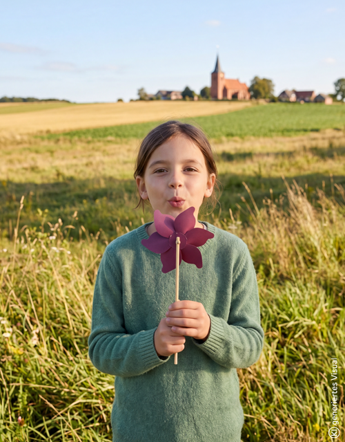 Mädchen pustet Windraf vor einem freien Feld. Im Hintergrund ist eine Kirche zu sehen